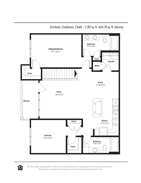 Floor plan for 2 beds, 2 baths, 1210 sqft